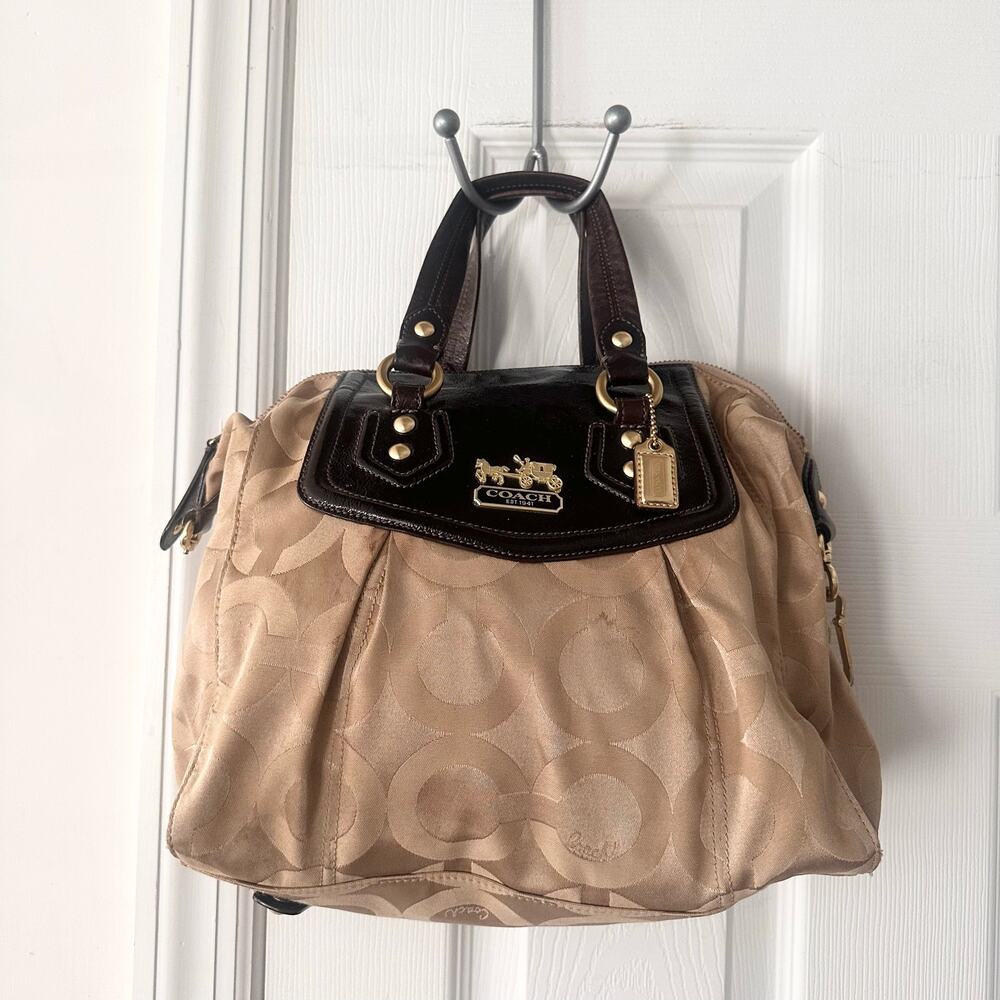 Coach Tan Brown Patent Leather Madison Audrey OP Art Satchel Shoulder Bag READ